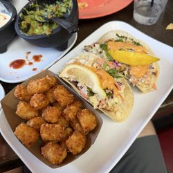 Cowgirl Kitchen - Southern Fish Tacos (red drum), tots