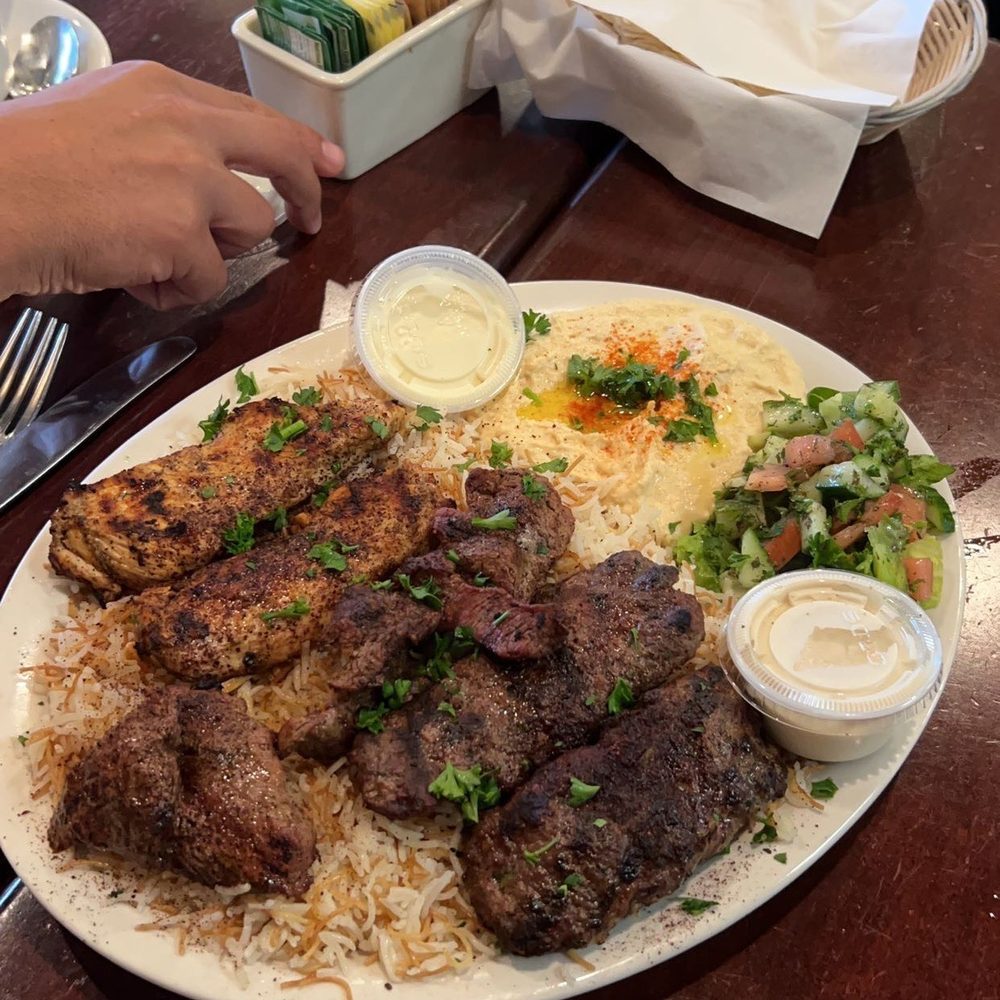 Almaza Grill - Mixed Grill: (kunafa, chicken & lamb with basmati rice & vermicelli, side salad, humus) - Mediterranean Near Me - East Amherst, New York