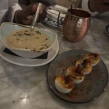 Blue Door Kitchen & Garden - Miso Corn Chowder Soup, Deviled Eggs, Buttermilk Fried Chicken and Crispy Skin Salmon - American Near Me - Chicago, Illinois Blue Door Kitchen & Garden - Miso Corn Chowder Soup, Deviled Eggs, Buttermilk Fried Chicken and Crispy Skin Salmon - American Near Me - Chicago, Illinois
