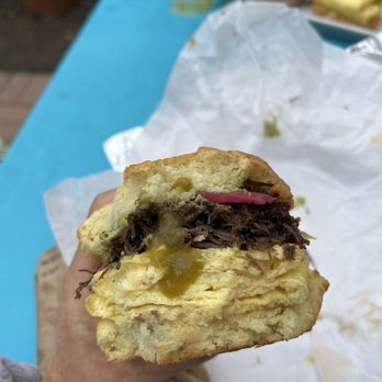 Hola Adios Coffeeshop - Slow N' Low Barbacoa Biscuit Sandwich ($12) cross section - Coffee & Tea Near Me - Tustin, California Hola Adios Coffeeshop - Slow N' Low Barbacoa Biscuit Sandwich ($12) cross section - Coffee & Tea Near Me - Tustin, California