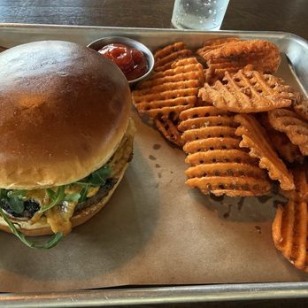 The Burrow - Burger and sweet potato waffle fries. - Burgers Near Me - Pensacola, Florida The Burrow - Burger and sweet potato waffle fries. - Burgers Near Me - Pensacola, Florida