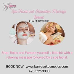 Kurves N Kosmetics - Spa Facial and Relaxation Massage Special. Pamper yourself with a relaxing massage followed by a spa facial. Get both for $199 ($250 value)