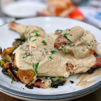 Galinette - Half Organic Roasted Chicken, Brussels Sprouts, Dijon Mustard Cream $24. - French Near Me - San Francisco, California Galinette - Half Organic Roasted Chicken, Brussels Sprouts, Dijon Mustard Cream $24. - French Near Me - San Francisco, California