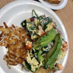 The Palms Cafe - Veggie Scramble with Hash-browns and Sourdough toast.