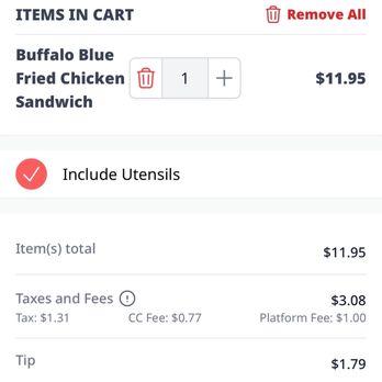 Lucy's - A required 10% tip, $1 platform fee, and 77 cent CC fee for a $12 sandwich to pickup - American Near Me - Chicago, Illinois Lucy's - A required 10% tip, $1 platform fee, and 77 cent CC fee for a $12 sandwich to pickup - American Near Me - Chicago, Illinois