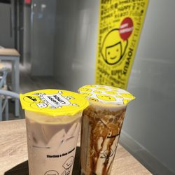 Happy Lemon - Boba milk tea on the left, Okinawa roasted milk tea with boba on the right