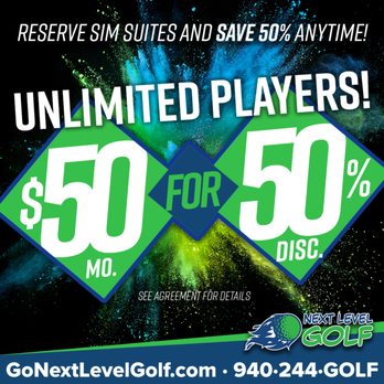 Next Level Golf - Become a $50/50% Member! For $50 per month you can save 50% on hourly SIM rates. - Golf Near Me - Wichita Falls, Texas Next Level Golf - Become a $50/50% Member! For $50 per month you can save 50% on hourly SIM rates. - Golf Near Me - Wichita Falls, Texas