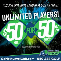 Next Level Golf - Become a $50/50% Member!  For $50 per month you can save 50% on hourly SIM rates.