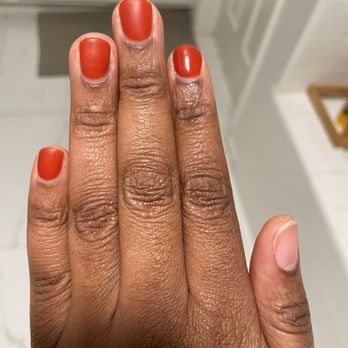 Serené salon - Middle and ring finger gel nails looked matte right after completion, and thumb nail already peeled off. - Hair Salons Near Me - Highland, California Serené salon - Middle and ring finger gel nails looked matte right after completion, and thumb nail already peeled off. - Hair Salons Near Me - Highland, California
