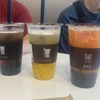 Brew Tea Bar - left: wintermelon tea with boba  middle: peach lychee with mango star jelly  right: fruit tea with boba - Bubble Tea Near Me - Las Vegas, Nevada