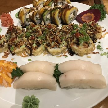 Shoccu - Front: white tuna and seared salmon nigiri Middle: cherry blossom roll Back: Maui Roll - Asian Fusion Near Me - Fort Wayne, Indiana
