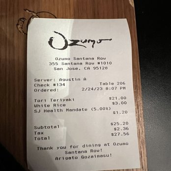 Ozumo - Receipt with suspicious "SJ health mandate fee". Look very carefully at your check! - Izakaya Near Me - San Jose, California Ozumo - Receipt with suspicious "SJ health mandate fee". Look very carefully at your check! - Izakaya Near Me - San Jose, California