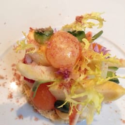 Lobster salad with grated, dried ham. Cleverly using the salt and meat as a dual flavorant. Lobster salad with grated, dried ham. Cleverly using the salt and meat as a dual flavorant.