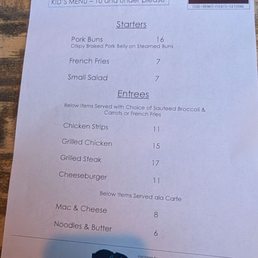 Kids menu