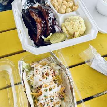 Pull Up -N- Eat - Crispy Fish taco and a bbq rib plate with smoky Mac and cheese & fresh potato salad - Chicken Wings Near Me - Harker Heights, Texas