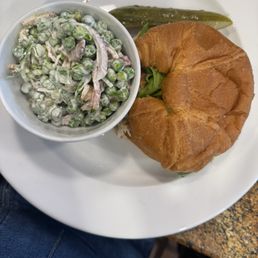 Turkey Croissant with shaved pear and cheese. Pea salad (amazing)