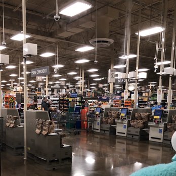 Kroger Marketplace - Unopened banks of self checkout registers with line in back during Covid19 pandemic. - Grocery Near Me - Shreveport, Louisiana