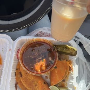 Crazy Taco - QuesoBirria Taco (half eaten bc I couldn't wait...) with consumme broth and Horchata - Food Trucks Near Me - Bonney Lake, Washington Crazy Taco - QuesoBirria Taco (half eaten bc I couldn't wait...) with consumme broth and Horchata - Food Trucks Near Me - Bonney Lake, Washington