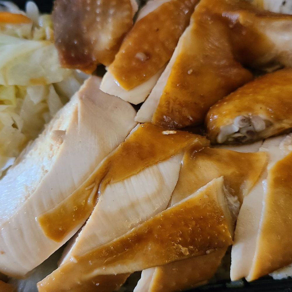 Soy chicken, white rice, and steam cabbage.