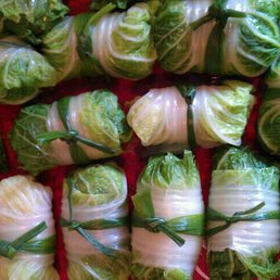 Scallion tied stuffed napa cabbage, farm fresh!