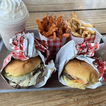 Hat Creek - Cookies and cream shake, fries, sweet potato fries, Classic burger, and Pretzel Jack burger with a normal bun - Burgers Near Me - San Marcos, Texas Hat Creek - Cookies and cream shake, fries, sweet potato fries, Classic burger, and Pretzel Jack burger with a normal bun - Burgers Near Me - San Marcos, Texas