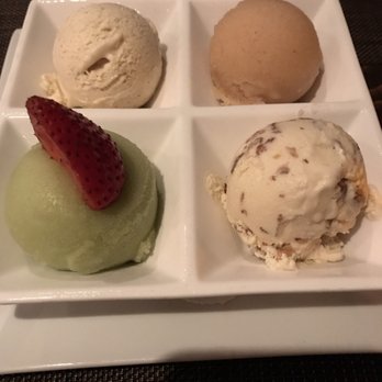 Henry's at the Farm - Clockwise from top left, mushroom, pear sorbet, butter pecan, green tomato. All made on premise - New American Near Me - Milton, New York Henry's at the Farm - Clockwise from top left, mushroom, pear sorbet, butter pecan, green tomato. All made on premise - New American Near Me - Milton, New York