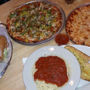 Monical's Pizza - Spaghetti and Marinara with garlic bread, Deluxe 12in, Turkey BLT and chips and a Cheese 12in. Very good! - Pizza Near Me - O'Fallon, Missouri