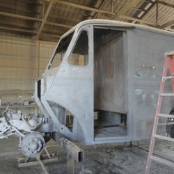 Car Creations - Sandblasted vintage Divco panel delivery to be used for commercial advertising and on site beer vendor vehicle with side mounted tappers.