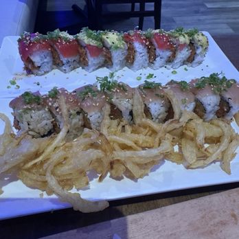Zeppin Sushi - Red Dragon Roll on top, Albacore Crunch Roll on the bottom. - Japanese Near Me - Encino, California Zeppin Sushi - Red Dragon Roll on top, Albacore Crunch Roll on the bottom. - Japanese Near Me - Encino, California