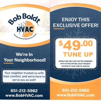 Bob Boldt HVAC - Yelp Central AC or Furnace Tune-Up special offer! - Heating & Air Conditioning/HVAC Near Me - Eagan, Minnesota
