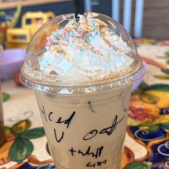 House of Coffees - Vanilla iced latte with oat milk and whip cream! - Coffee & Tea Near Me - Lodi, California House of Coffees - Vanilla iced latte with oat milk and whip cream! - Coffee & Tea Near Me - Lodi, California