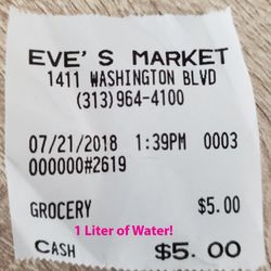 Eve's Market - Charged me 5$ for 1L of water. Here is the receipt they gave me.
