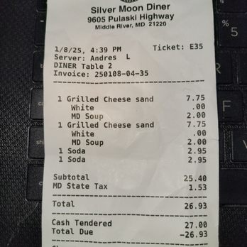 Silver Moon Diner - Our Bill - Diners Near Me - Middle River, Maryland