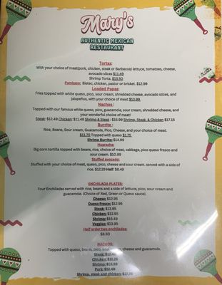 Menu photo 3 Mary's Authentic Mexican Restaurant Gilmer, TX