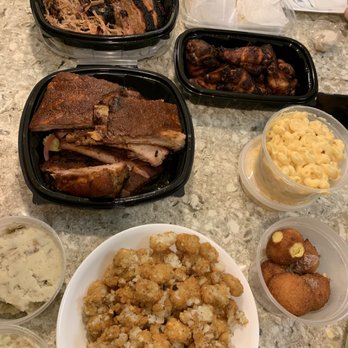 Sarcastic Swine BBQ - Homemade Mac and Cheese Hush Puppies Homemade Honey Cornbread with Butter Choice smoked mash potato tater tots - Barbeque Near Me - Abington, Massachusetts