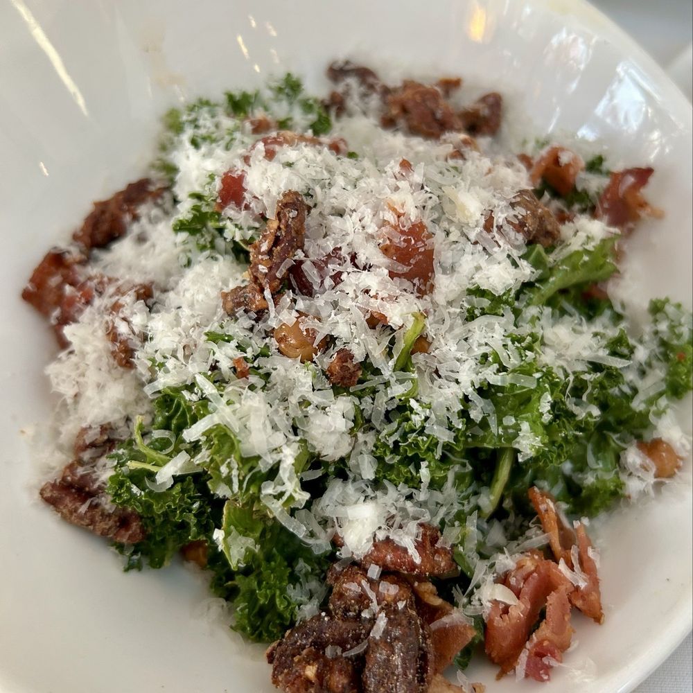 Joseph Decuis - Farm kale salad w/warm bacon dressing, toasted chickpeas, candied pecans - New American Near Me - Roanoke, Indiana Joseph Decuis - Farm kale salad w/warm bacon dressing, toasted chickpeas, candied pecans - New American Near Me - Roanoke, Indiana