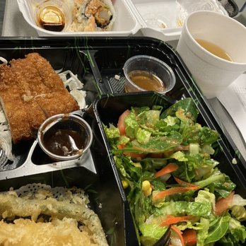 Koco Sushi - 3 Items Bento Box Combination Lunch with double salad, no rice, Mixed Tempura, chicken katsu, and the Crunch Tempura Roll with Miso Soup - Sushi Bars Near Me - Santa Ana, California Koco Sushi - 3 Items Bento Box Combination Lunch with double salad, no rice, Mixed Tempura, chicken katsu, and the Crunch Tempura Roll with Miso Soup - Sushi Bars Near Me - Santa Ana, California
