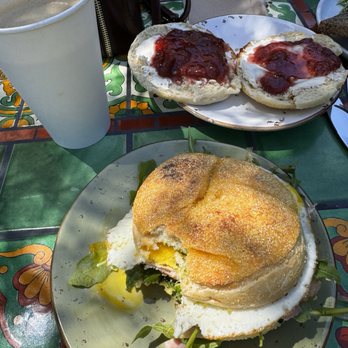 Three Birds - Breakfast sandwich, latte and English muffin. - Cafes Near Me - Ojai, California Three Birds - Breakfast sandwich, latte and English muffin. - Cafes Near Me - Ojai, California