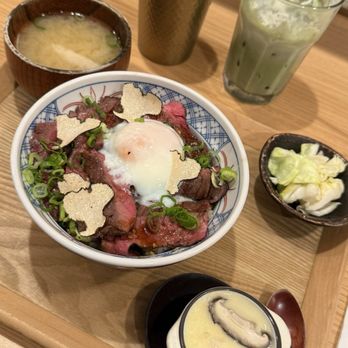 Tendon Kohaku - Lavender match latte & black truffle grilled steak don - Japanese Near Me - Bellevue, Washington Tendon Kohaku - Lavender match latte & black truffle grilled steak don - Japanese Near Me - Bellevue, Washington