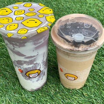 Happy Lemon - Left is D6 Ube Milk Tea with Taro Puff and Boba and right is A5. Milk Tea Oreo Tiramisu Salted Cheese - Juice Bars & Smoothies Near Me - Daly City, California