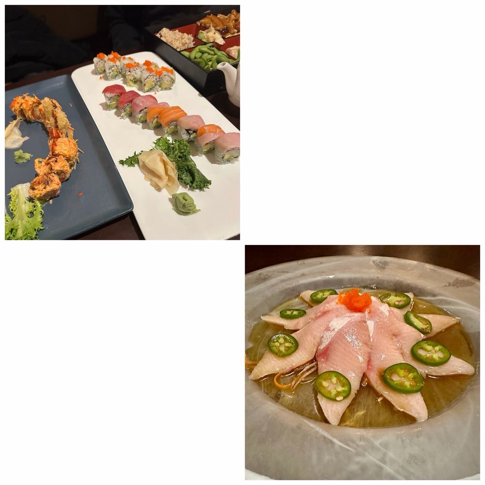 Yellowtail Jalapeno App, Blue Crab California Roll, Rainbow Roll, Angry Dragon Roll & Teriyaki Chicken Dinner Bento. Yellowtail Jalapeno App, Blue Crab California Roll, Rainbow Roll, Angry Dragon Roll & Teriyaki Chicken Dinner Bento.