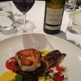The Glasshouse - Roasted halibut, harissa, chorizo, confit red pepper, black quinoa and corn sauce - Modern European Near Me - Richmond, XGL