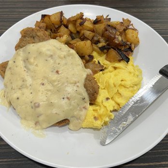 Off Street Cafe - Chicken Fried Steak, scrambled eggs with home fries! Huge serving. - American Near Me - Cerritos, California Off Street Cafe - Chicken Fried Steak, scrambled eggs with home fries! Huge serving. - American Near Me - Cerritos, California