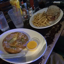 Soft pretzel and Reuben sandwich