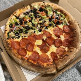 Half pepperoni and half veggie lovers!