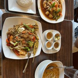 Pad Woon Sen, Sweet and Sour with chicken, and red curry chicken noodle bowl.
