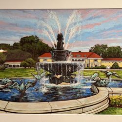 Wylie Inn and Conference Center at Endicott College - A painting of the front lawn fountain in front of Tupper Manor