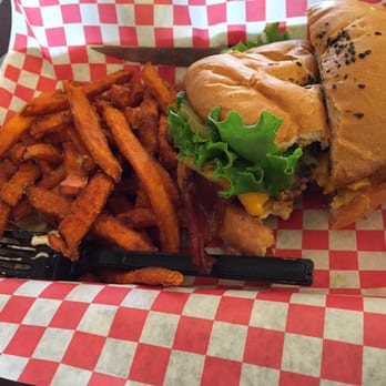Burger Spot - Bacon cheeseburger with sweet potato fries. Nom nom! - Burgers Near Me - Medford, Oregon