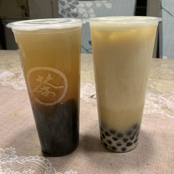 Ten Ren Tea - Green Mango Green Tea (left) and Mango Green Milk Tea (right) - Bubble Tea Near Me - Cupertino, California Ten Ren Tea - Green Mango Green Tea (left) and Mango Green Milk Tea (right) - Bubble Tea Near Me - Cupertino, California