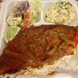 Whole snapper, white rice, potato salad, chopped salad with lime Whole snapper, white rice, potato salad, chopped salad with lime